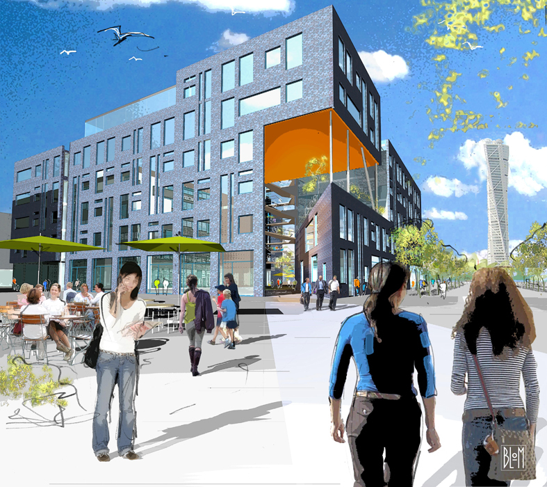 Bygningens tyngdepunkt er trukket inn på plassen for å tydeliggjøre det
viktige byrommet og skape forbindelser mellom de indre og ytre arealer.
Illustrasjon: Arkitekten.