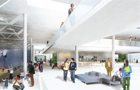 Interiørperspektiv frå vinnarutkastet til Dark arkitekter i samarbeid med Arkitektpartner. Illustrasjon: Arkitekten Interiørperspektiv frå vinnarutkastet til Dark arkitekter i samarbeid med Arkitektpartner. Illustrasjon: Arkitekten