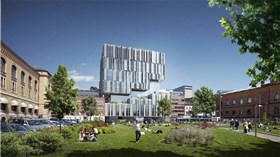 Et slikt nybygg «herjer med alt som er der fra før,» mener arkitekt Thomas Thiis-Evensen om Mads forslag på Tullinløkka. Illustrasjon: MIR og Mad arkitekter