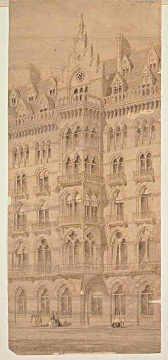 Sir George Gilbert Scotts tegning av Midland Grand Hotel, St Pancras Station i London.
