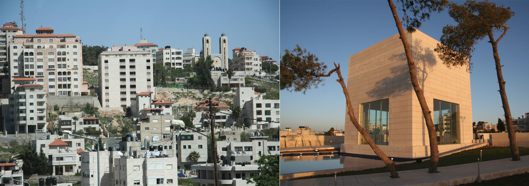 Bildet til venstre: Typisk bebyggelse i deler av Midt-Østen. Her fra Ramallah på Vestbredden. Til høyre: Fra minnesplassen for Yassir Arafat. Arkitekt er Jafar Tuqan