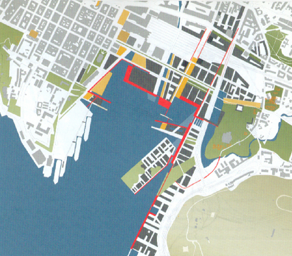 Bjørvika, «det femte forslaget», ved AHO, Institutt for Urbanisme med LPO. 
Fra Byggekunst 04/2001.