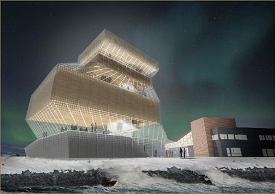 A-labs prosjekt for Vadsø museum/Kvenmuseum. Ill.: Arkitekten. I bakgrunnen Finnmark fylkesbibliotek/Vadsø bibliotek, som sto ferdig i 2002, med vindusbånd og modernistisk uttrykk.