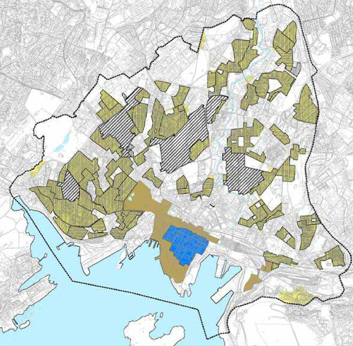 Skraverte felt viser hovedsakelig bevaringsomtåder. Rodeløkka er falt ut. (Ill. fra Kommunedelplan for byutvikling og bevaring i indre Oslo 20052020.)