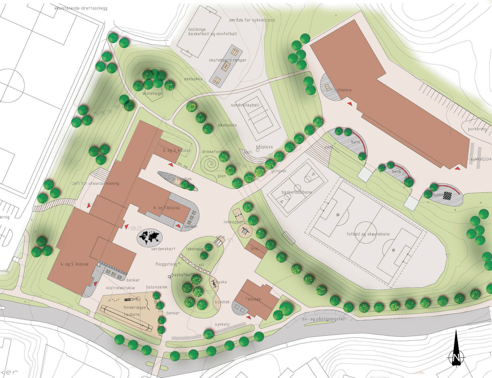 Utearealet til Frogner barneskole er inndelt i soner hvor naturlige nivåforskjeller er utnyttet.