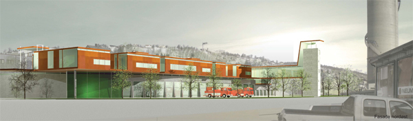 Vinnerprosjektets fasade mot nordøst. Første etasje formes som en mur som tar opp terrenget i en bue som korresponderer med svingen på Stakkevollveien. Over muren svever et volum, som i nord
krager ut og går opp i et tårn ut mot vegen. Illustrasjon: Arkitekten.