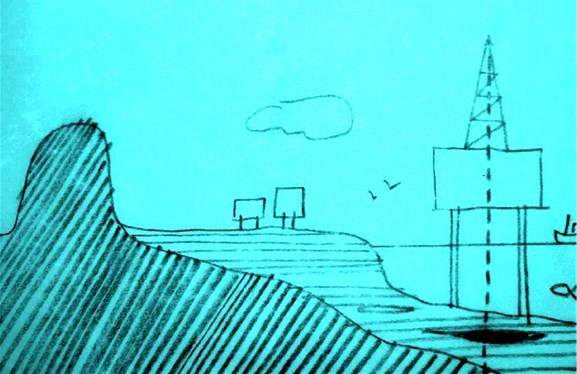 Skisse, Oljemuseum i Stavanger, arkitekter Lunde og Løvseth AS. Skissen illustrerer hovedkonseptet for hvordan byggets tre symbolske elementer (grunnfjellet, landbasen og plattformene) forholder seg til hverandre. Skisse, Oljemuseum i Stavanger, arkitekter Lunde og Løvseth AS. Skissen illustrerer hovedkonseptet for hvordan byggets tre symbolske elementer (grunnfjellet, landbasen og plattformene) forholder seg til hverandre.