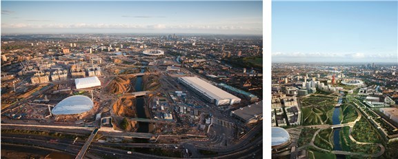 Fra venstre: Europas største byggeplass, Stratford i London i september 2010. OL planlegges etter mottoet «Legacy first» og skal etter planen bidra til å binde bydeler sammen, og til å utjevne sosiale og økonomiske forskjeller. Foto: Olympic Park Legacy Company.Høyre: Denne ferske renderingen viser visjonen om et «grønt-blått»-system gjennom byen. Ill.: Olympic Park Legacy Company. Fra venstre: Europas største byggeplass, Stratford i London i september 2010. OL planlegges etter mottoet «Legacy first» og skal etter planen bidra til å binde bydeler sammen, og til å utjevne sosiale og økonomiske forskjeller. Foto: Olympic Park Legacy Company.Høyre: Denne ferske renderingen viser visjonen om et «grønt-blått»-system gjennom byen. Ill.: Olympic Park Legacy Company.