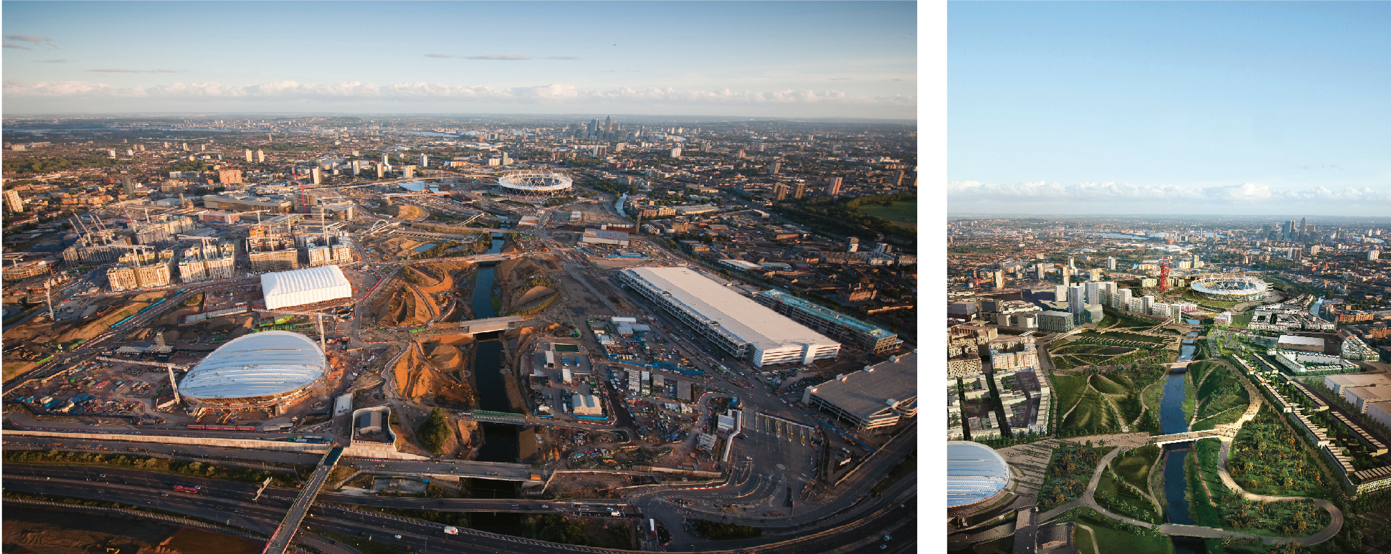 Fra venstre: Europas største byggeplass, Stratford i London i september 2010. OL planlegges etter mottoet «Legacy first» og skal etter planen bidra til å binde bydeler sammen, og til å utjevne sosiale og økonomiske forskjeller. Foto: Olympic Park Legacy Company.Høyre: Denne ferske renderingen viser visjonen om et «grønt-blått»-system gjennom byen. Ill.: Olympic Park Legacy Company.
