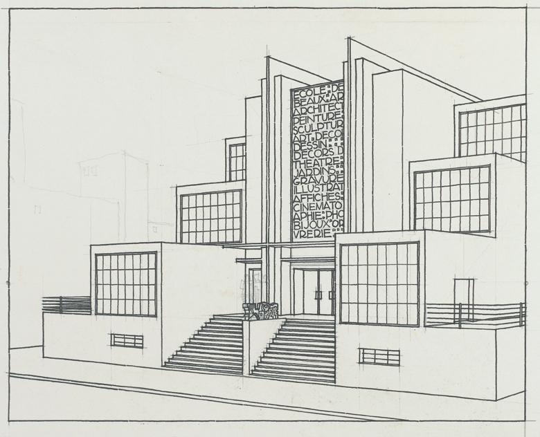 Tegning av en kunstskole for «une Cité moderne» 19231924. Foto: CNAC-GP/MNAM dist.RMN, Christian Bahier et Philippe Migeat.