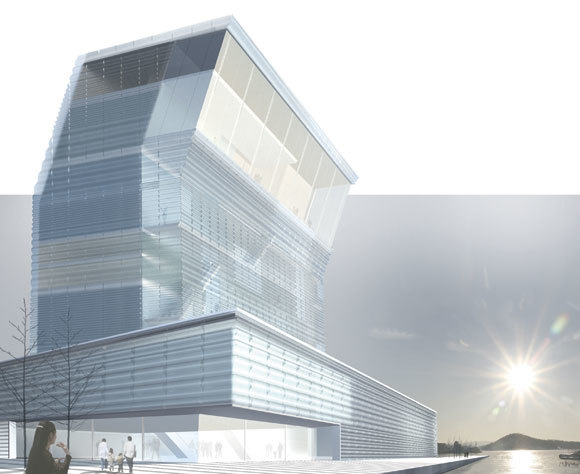 Lambda bygger på Operaens silhuett med en lett vertikalitet, kommuniserer med operaen på samme viktighetsnivå, hevder juryen i sin begrunnelse. Illustrasjon: arkitekten