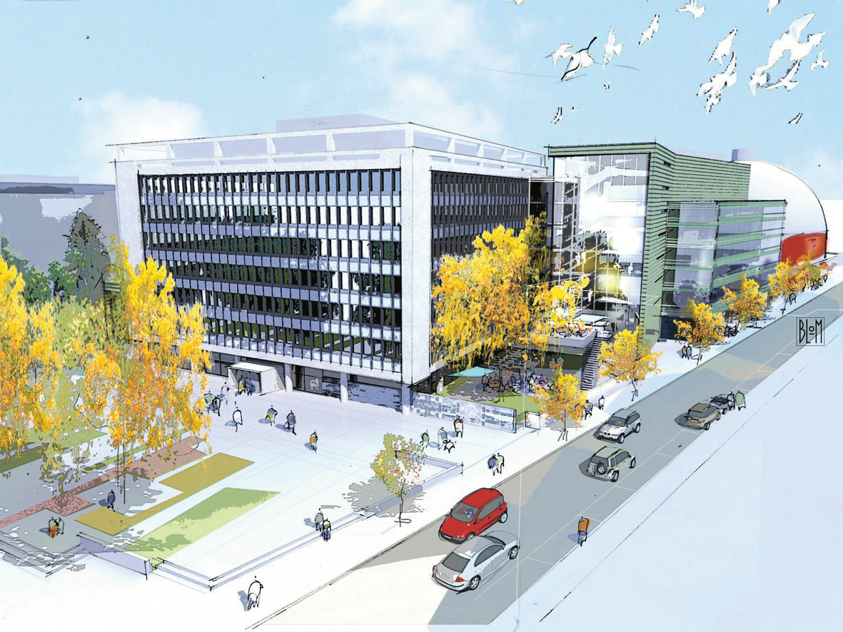 Perspektiv av NHO-komplekset, sett fra Frognerparken.
Tegning: Linda Blom