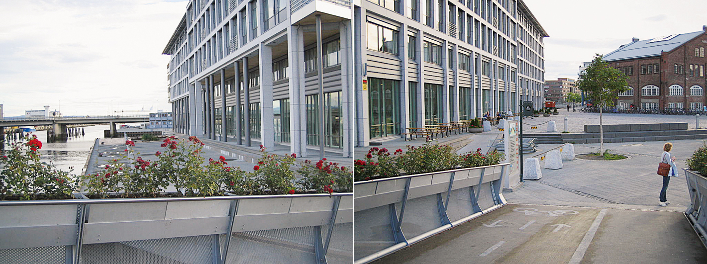 Solsiden i Trondheim: «Eksempel på dårlig kompomiss, et privatisert offentlig rom.» - Arkitekt Christian Falch Kjellsen. Foto: Mette Svensen.