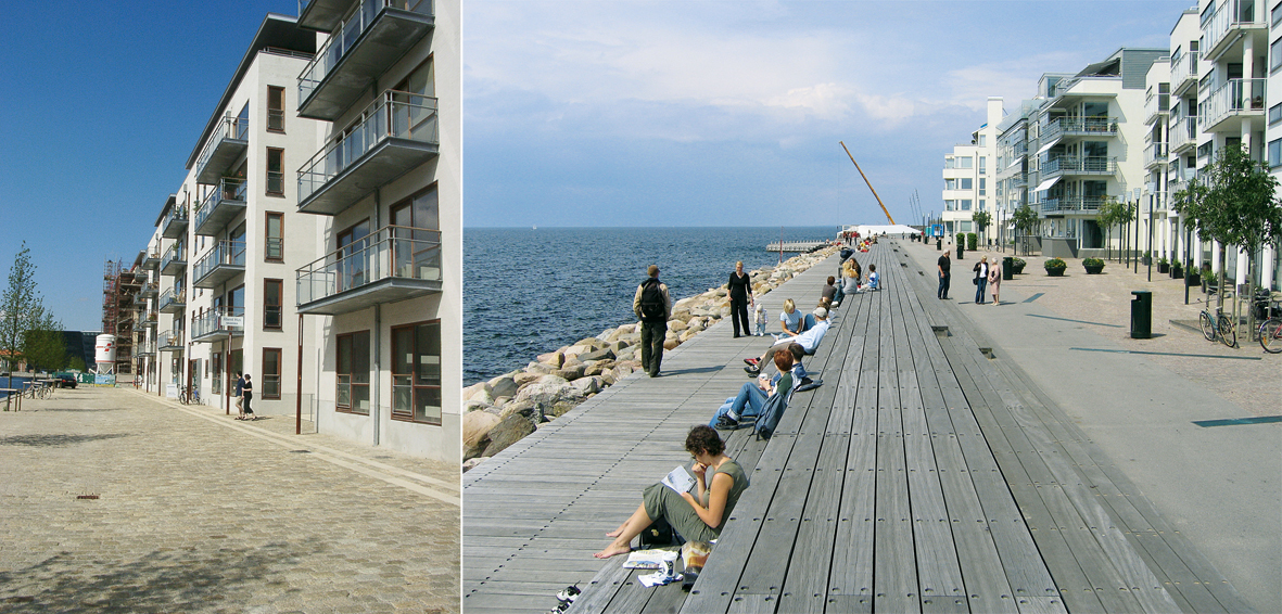 Västra Hamnen i Malmö har i motsetning til Christiansbro tydelige grenser mellom ulike soner, markert i materialbruk. Harde materialer som betong og steinbelegg signaliserer promenade, og «myke» materialer som trebelegg inviterer til opphold. Markører som potteplanter viser overgang til mer privat sone.  
Foto: Nicolai Carlberg.
