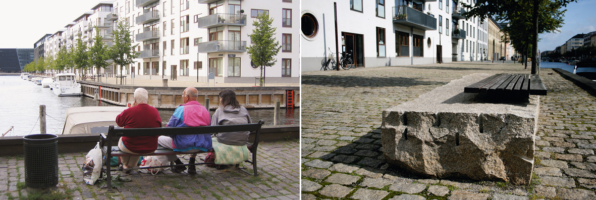 Ekskluderende estetikk: Christiansbro har fått nye benker, men disse er dyre designobjekter som har lite til felles med de kommunale Københavnbenkene. Ifølge Carlberg bidrar de til estetisering av miljøet og inviterer fortsatt ikke til opphold. Foto: Arne Mylestad. Til venstre ser vi tre av byens mer rufsete beboere som titter over på Christiansbro fra en av byens grønnen kommunale benker. Foto: Nicolai Carlberg