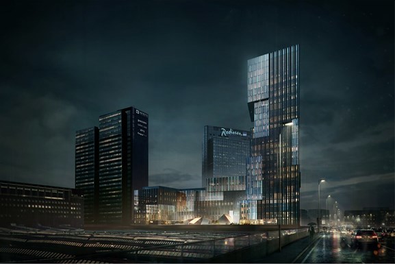 Det planlagte høyhuset bak Oslo S er foreslått av KLP Eiendom og tegnet av Kristin Jarmund Arkitekter og C.F. Møller. Illustrasjon: Arkitekten Det planlagte høyhuset bak Oslo S er foreslått av KLP Eiendom og tegnet av Kristin Jarmund Arkitekter og C.F. Møller. Illustrasjon: Arkitekten