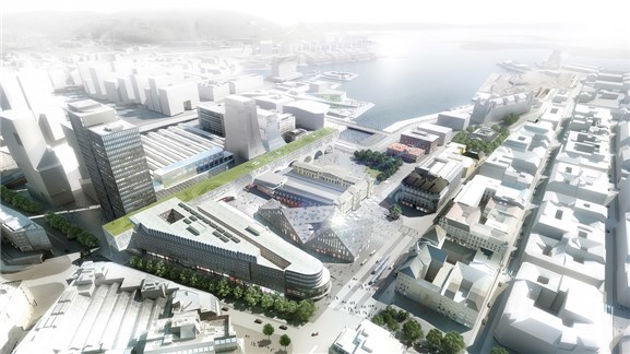 Nye Oslo sentralstasjon er foreslått av ROM Eiendom og tegnet av Space Group. Illustrasjon: Arkitekten Nye Oslo sentralstasjon er foreslått av ROM Eiendom og tegnet av Space Group. Illustrasjon: Arkitekten