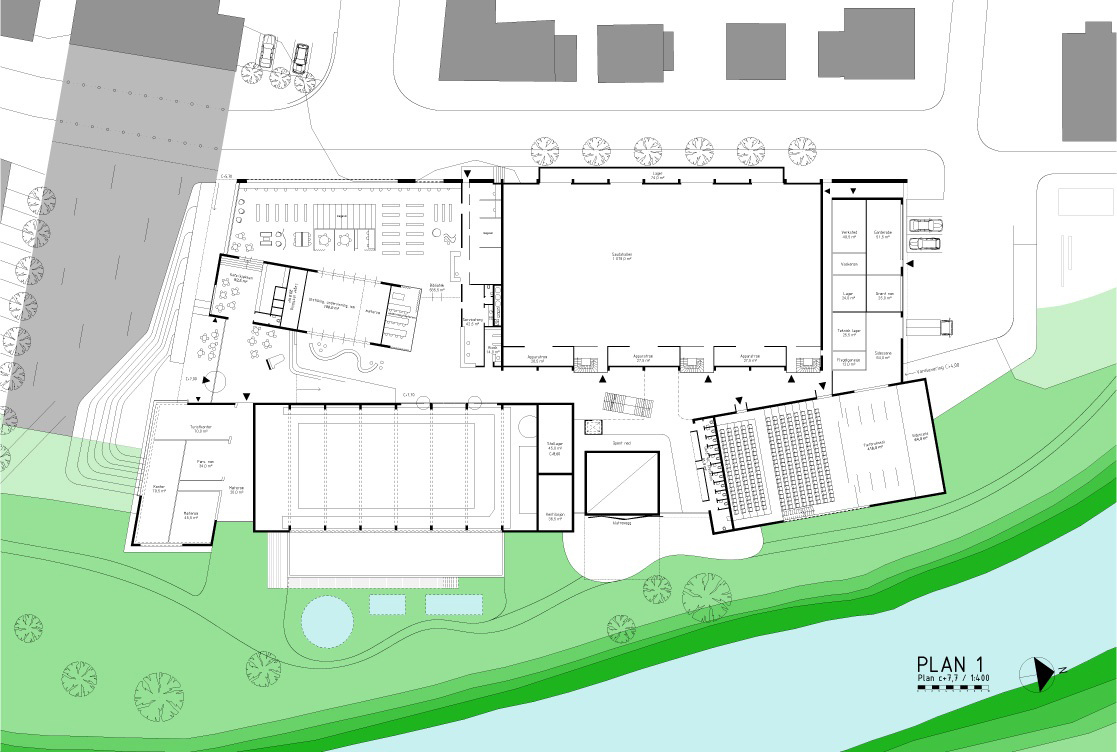 Grunnplan «Sauda kulturverk». Vinnerprosjektet er et en-base-bygg, med én kjerne hvor all informasjon gis til besøkende.