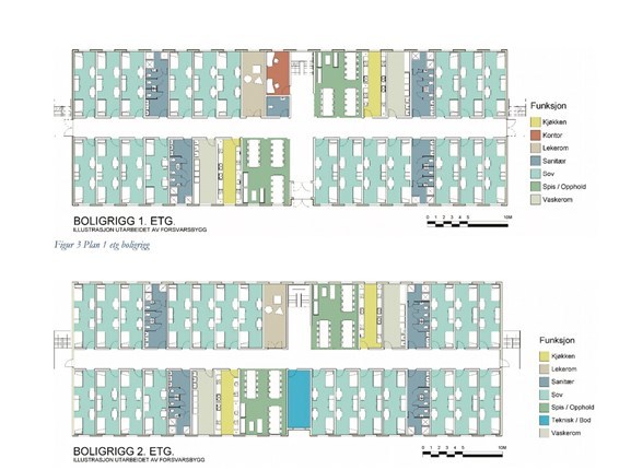 Denne romfordelingen anbefaler Forsvarsbygg å bruke i modulene i boligriggene. Illustrasjon: Forsvarsbygg