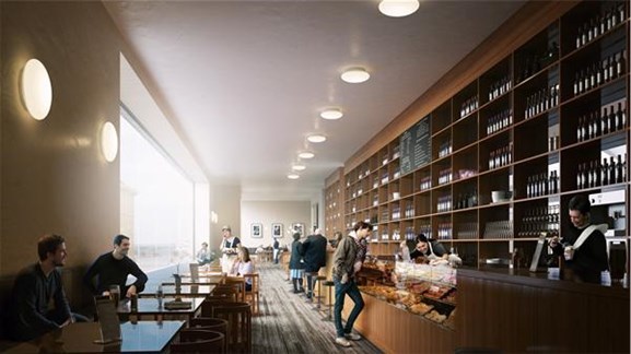 Interiørperspektiv av restauranten. Illustrasjon: Kleihues + Schuwerk/Statsbygg/MIR Interiørperspektiv av restauranten. Illustrasjon: Kleihues + Schuwerk/Statsbygg/MIR