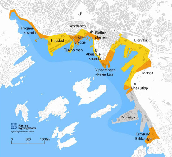 Oversiktskart, delområder i Fjordbyen Oslo.