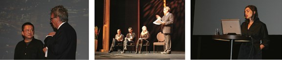 Fra venstre: Utdypende samtale mellom Wang Shu og John Thackara. Foto: Helle B. Berg. I midten: Thackara spør ut paneldeltakerne Ingerid H. Almaas, Adnam Harambasic og Vibeke Jensen om hurtigtog i Norge. Foto: Ingebjørg Semb. Til høyre: Belinda Tato fortalte om små prosjekter som kan gjøre stor forskjell. Foto: Helle B. Berg. Fra venstre: Utdypende samtale mellom Wang Shu og John Thackara. Foto: Helle B. Berg. I midten: Thackara spør ut paneldeltakerne Ingerid H. Almaas, Adnam Harambasic og Vibeke Jensen om hurtigtog i Norge. Foto: Ingebjørg Semb. Til høyre: Belinda Tato fortalte om små prosjekter som kan gjøre stor forskjell. Foto: Helle B. Berg.