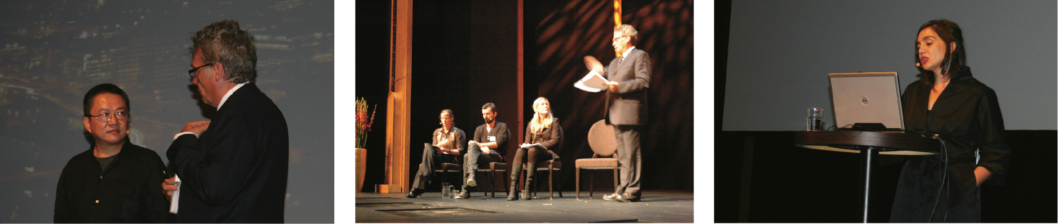 Fra venstre: Utdypende samtale mellom Wang Shu og John Thackara. Foto: Helle B. Berg. I midten: Thackara spør ut paneldeltakerne Ingerid H. Almaas, Adnam Harambasic og Vibeke Jensen om hurtigtog i Norge. Foto: Ingebjørg Semb. Til høyre: Belinda Tato fortalte om små prosjekter som kan gjøre stor forskjell. Foto: Helle B. Berg.