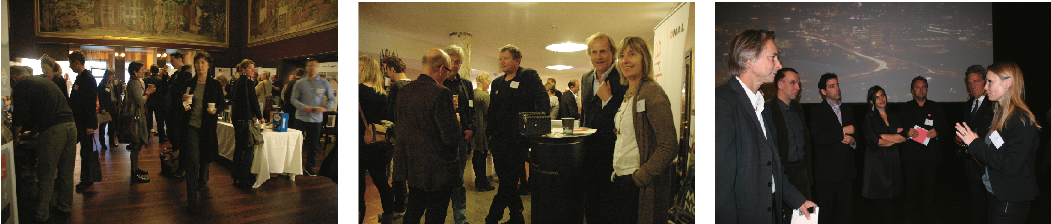 Bildet til venstre: Pause i Kroghsalen. Foto: Ingebjørg Semb. I midten: Glimt fra foajeen. NALs adm. dir. Pål Stephensen i samtale med kollega Ragnhild Ølstad. Foto: Ingebjørg Semb. Til høyre: F.v.: Francis Rambert, Finn Geipel, Alan Berger, Belinda Tato, Bjarne Ringstad, John Thackara og Perann Sylvia Stokke. Foto: Helle Benedicte Berg.