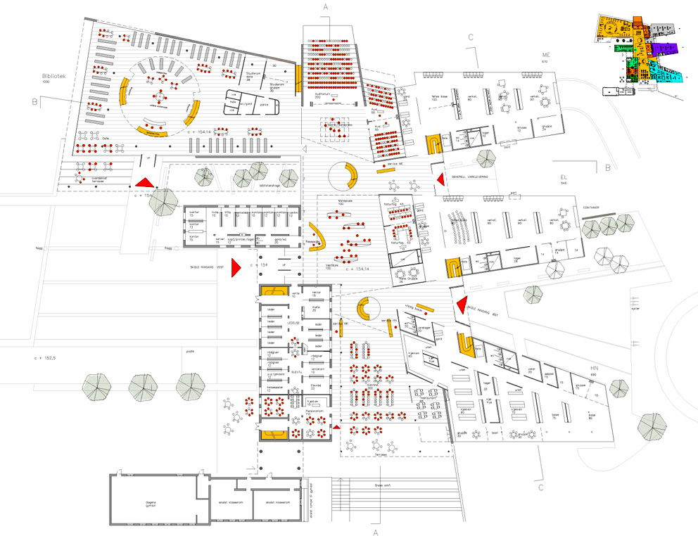 Vinnerutkastet Flyt ble rost for klar og oversiktlig løsning, med ulike avdelinger, undervisningsfløyer og bibliotek organisert rundt et samlende fellesareal.