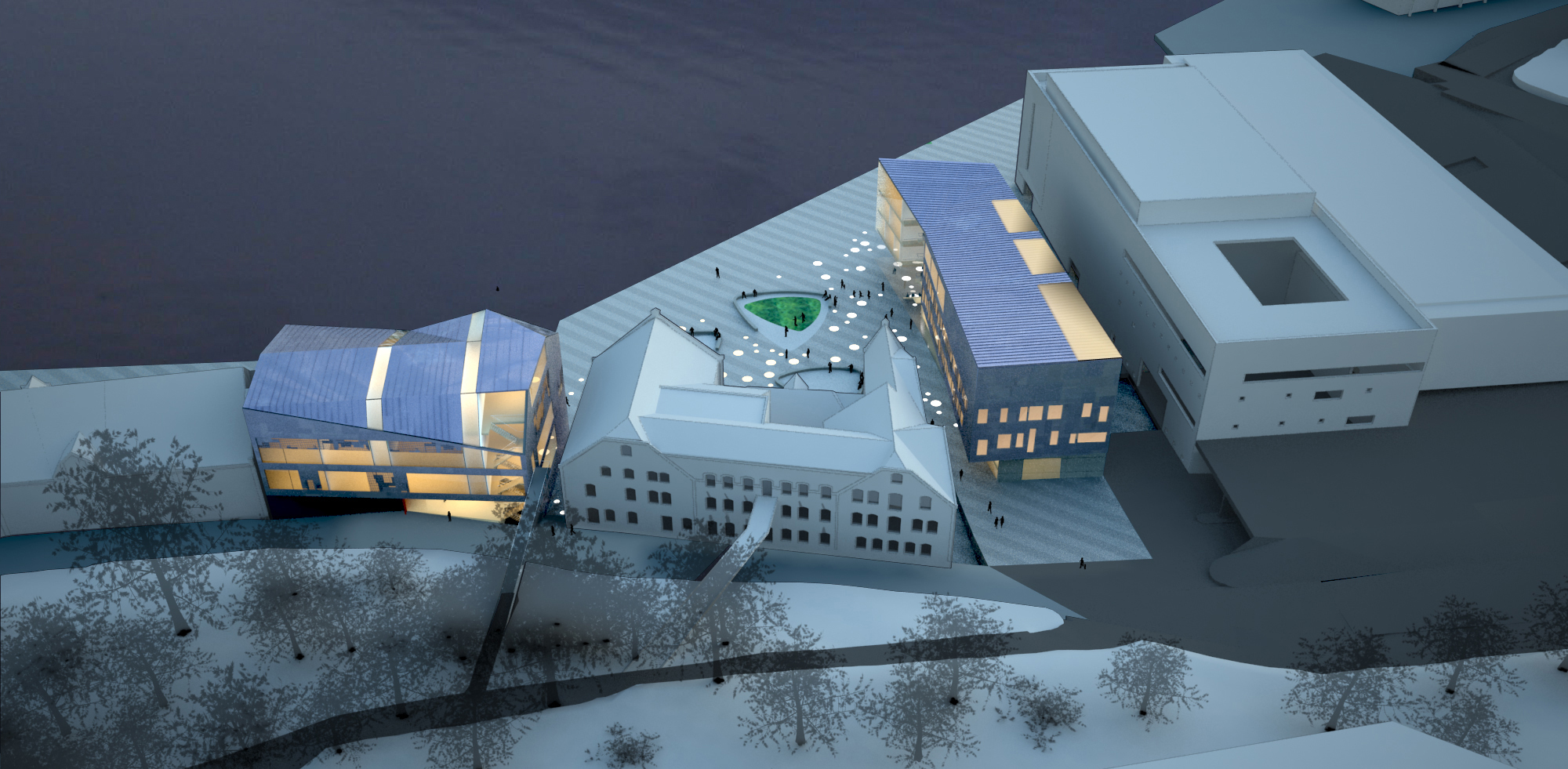 Oversiktsperspektiv. Vinnerforslaget legger til rette for en utvidet park i samspill mellom havneområdet og sentrum. Ill.: Asplan Viak AS v/Erik Nordby.