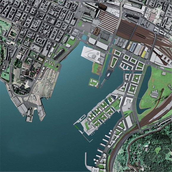 Det nye Bjørvika: et sammensatt område med boliger, næringsbygg, åpne byrom og grønne arealer og transport. Illustrasjon: Vianova/SVRØ