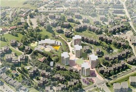 Prosjektet Moholt 50|50 bringer med seg fem boligtårn i åtte etasjer, barnehage og bibliotek. Foto MDH Arkitekter