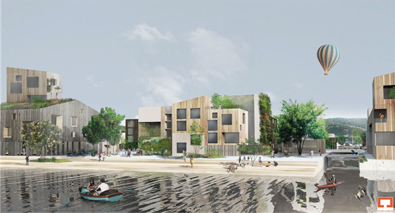 Fortunen Arkitekters Dokken-forslag er hovedsakelig en boligbydel, med 9000 leiligheter, men også 5500 arbeidsplasser. Byggehøydene er betraktelig lavere enn i «Visjon Dokken». Illustrasjon: Fortunen Arkitekter