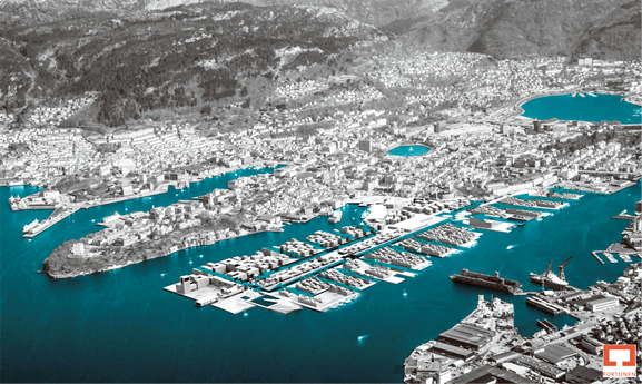 Fortunen Arkitekter foreslår å bygge bydelen Sydnes et godt stykke ut i fjorden. Arealet blir på hele 480 dekar. Illustrasjon: Fortunen Arkitekter