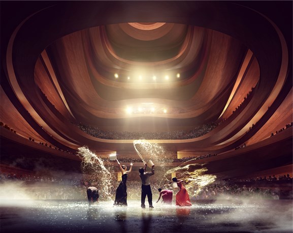 Slik ser Snøhetta for seg hovedscenen i Busan-operaen. Illustrasjon: MIR Slik ser Snøhetta for seg hovedscenen i Busan-operaen. Illustrasjon: MIR