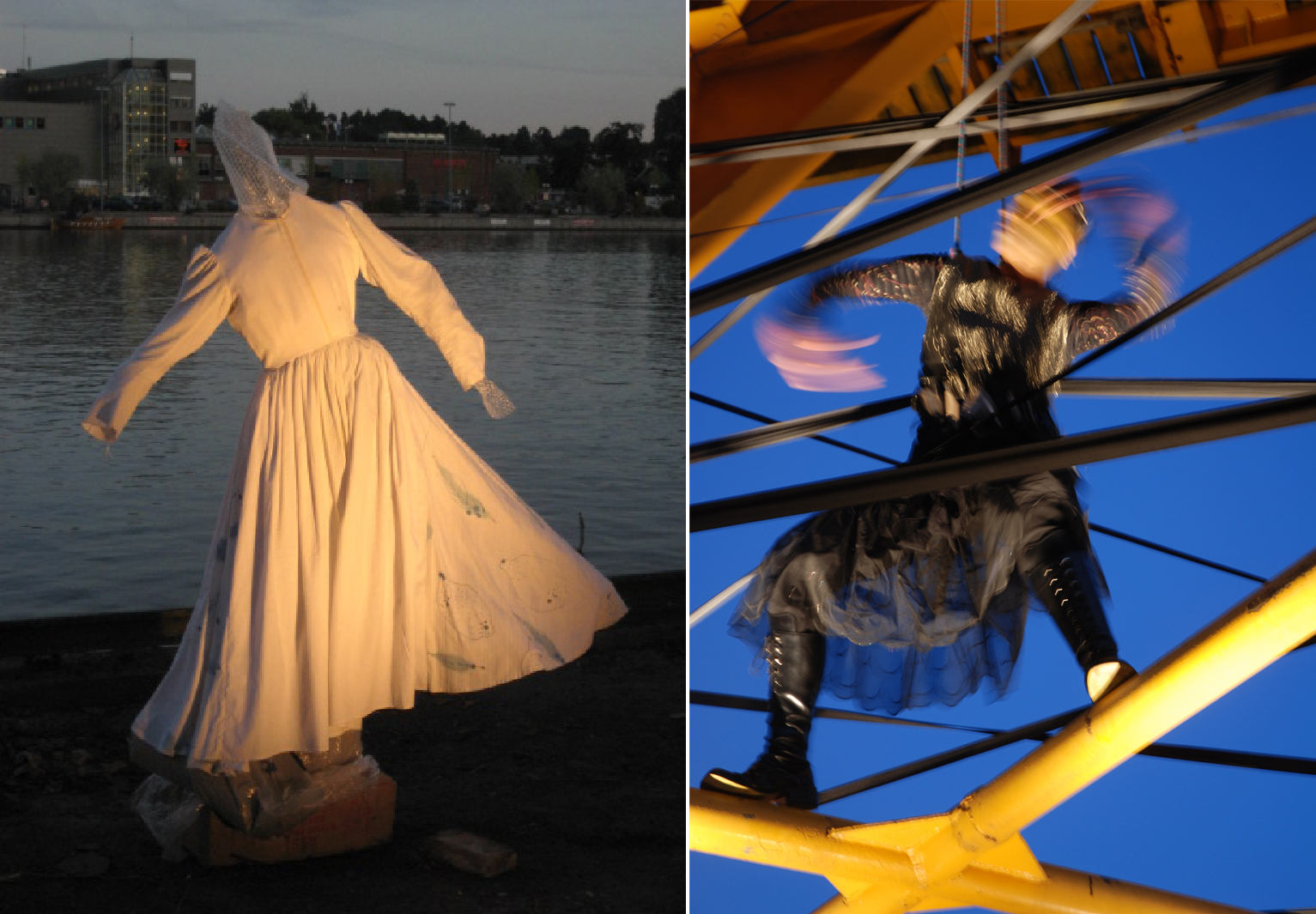 Bilde til venstre: Fra kaia på Vestsida. En av tre hvite kjoler, kjoler i porselensstøv.Bilde til høyre: Rock og dock. På verftsområdet trommes, spilles og danses det. Foto: Bård Magnus Fauske.