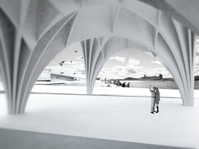 Interiørbilde som viser kontakten med fjorden. Ill: Arkitekten.