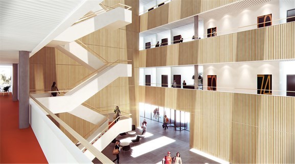 Interiørbilde av trapperom/vrimleareal. Illustrasjon: Arkitekten Interiørbilde av trapperom/vrimleareal. Illustrasjon: Arkitekten