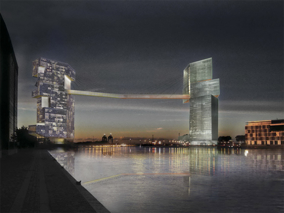 På grunn av vindkraften vil havneportalen gløde til alle døgnets tider. Illustrasjon: arkitekten. På grunn av vindkraften vil havneportalen gløde til alle døgnets tider. Illustrasjon: arkitekten.