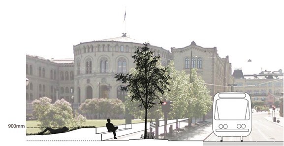 Kantene rundt Eidsvolls plass foreslås løftet for å skape en «usynlig» sperrelinje som blander seg med det eksisterende terrenget. Kantene rundt Eidsvolls plass foreslås løftet for å skape en «usynlig» sperrelinje som blander seg med det eksisterende terrenget.