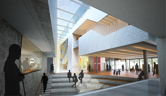 Interiørperspektiv av vinnerutkastet Strata. Illustrasjon: Tupelo Arkiktur AS/Narud Stokke Wiig AS/Statsbygg Interiørperspektiv av vinnerutkastet Strata. Illustrasjon: Tupelo Arkiktur AS/Narud Stokke Wiig AS/Statsbygg