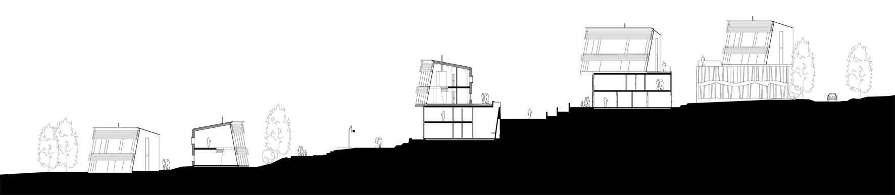 Sigúr Berg: Vinnerutkastets bærende konsept er plassering av bo-bokser på og ved siden av eksisterende sokler. Situasjonsplan øverst, terrengsnitt under. Illustrasjoner: Arkitektene.