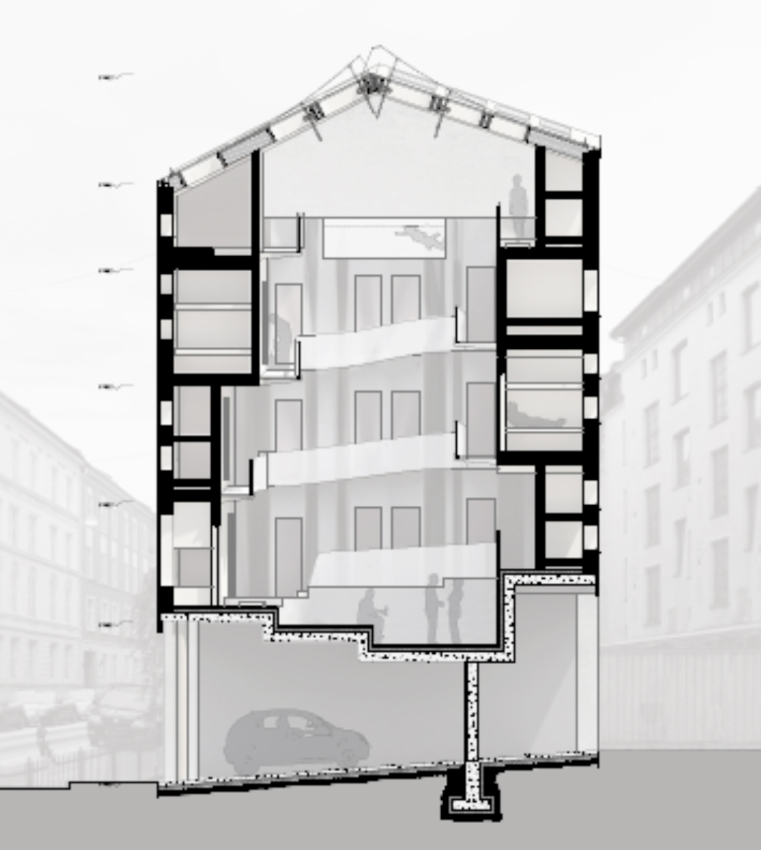 Snitt av vinnerprosjektet «Backpacker hostel i Oslo» av student Carl Julius Claussen. Illustrasjon: Carl Julius Claussen.