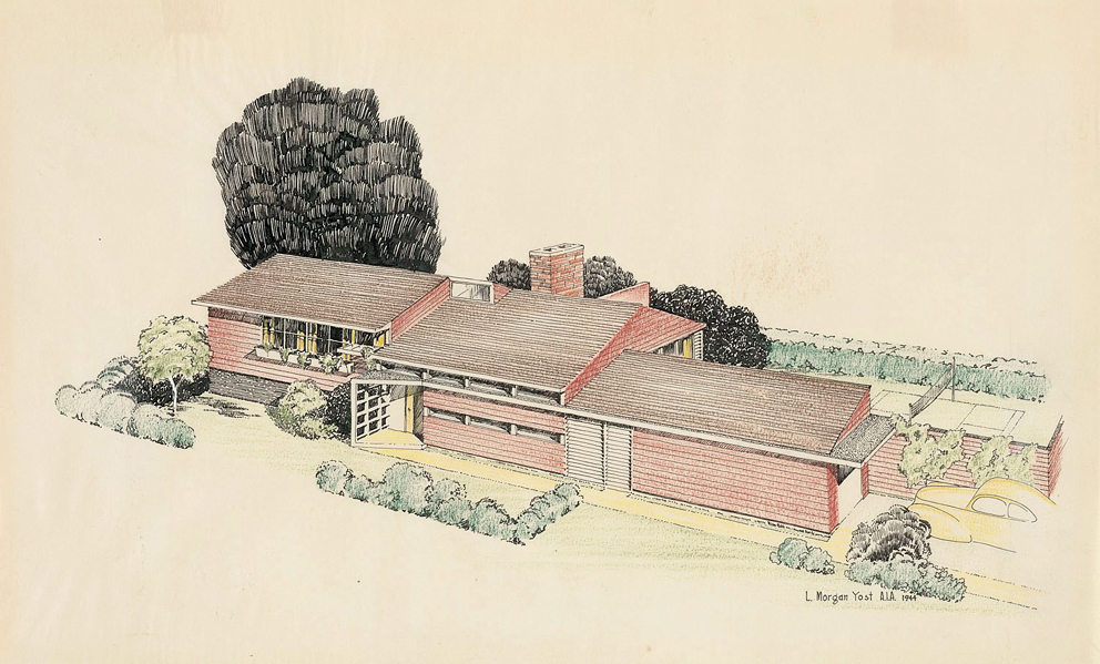 L. Morgan Yost. Perspektiv av the Zoned House fra House Studies, publisert i Small Homes Guide (høsten 1944). L. Morgan Yost. Perspektiv av the Zoned House fra House Studies, publisert i Small Homes Guide (høsten 1944).