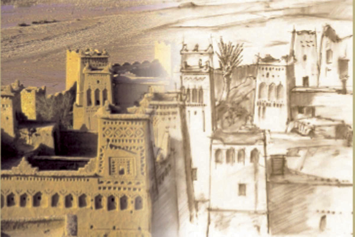 Ait Ben Haddou, Marokko  skildret med både kamera og skisseblokk. Ill: Rolf Jacobsen.