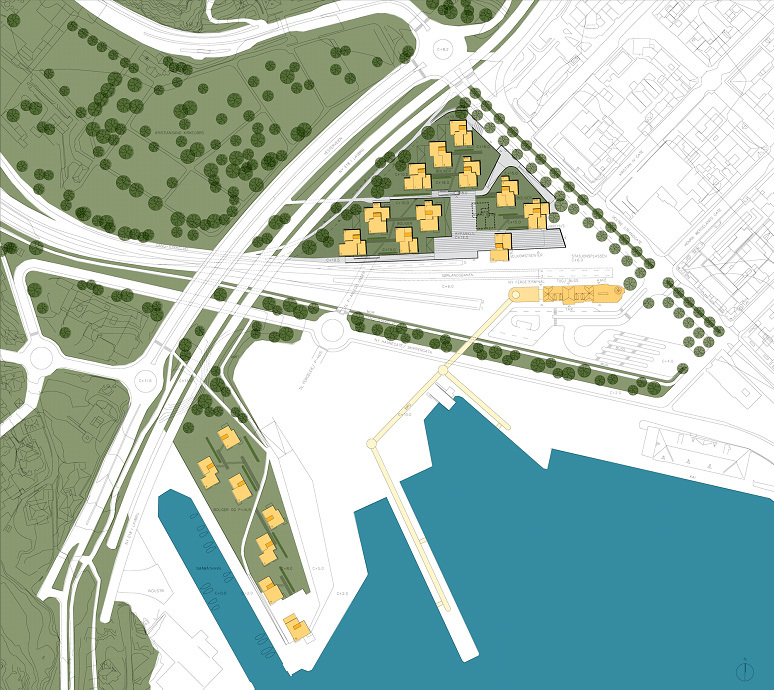 Situasjonsplan, Byparken. Boligområdene er tydeliggjort gjennom å bli løftet opp på platåer. Intensjonen er at særlig det østre området også skal fungere som offentlig parkrom.