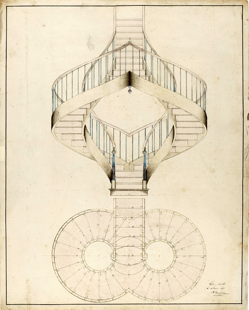Adolph Bordeaux (fransk, virksom sent 1900-tall). Tegning av dobbelttrapp, Marsilly, Frankrike, 1883. Blekk og akvarell over grafitt. 57 cm x 45,5 cm.