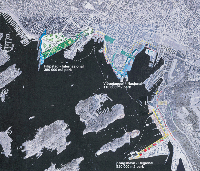 Oslo Park tegner et bilde av byen som en av Europas grønne hovedsteder, slagordet er «Ta tilbake stranda!», forespeiles i «Den Blå Plan» for Oslo og dennes tilknytning til Marka og parkene og grøntdragene, forent med den transformerte sjøfronten som skal tillate et mangfold «fra kontemplasjon og promenade til fart og trim» og i det store perspektiv forvandle Stor-Oslo til «en regional lekeplass»  med konturene av «en livsstil og samfunnsøkonomi sentrert omkring opplevelse og nytelse».