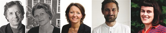 Paneleltakere. Fra venstre Hans Skotte (førsteamanuensis, NTNU), Marianne Skjulhaug (rektor, BAS), Toril Mølmen (Innovasjon Norge), Håkon Matre Aasarød (arkitekt, Fantastic Norway) og Guro Nereng (Bellona).