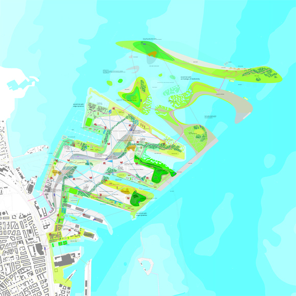 Det introduseres et 100 meter bredt parkbelte i alle overganger i sjølandskapet. Illustrasjon: Arkitekten